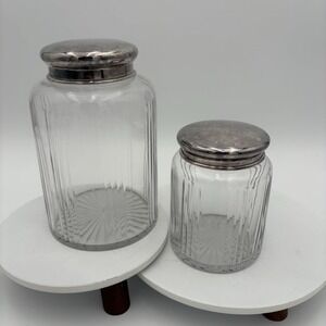 Two Piece Vintage Hoosier Ribbed Glass Canister Set 7" & 5" Silver Plate Lids‎